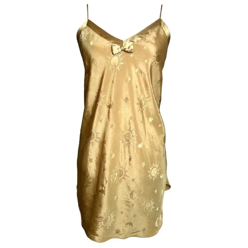 Vintage Gold Satin Slip Dress Mini Nightgown Fairycore Lingerie Y2K M - Picture 4 of 14